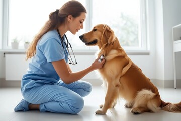 A thoroughly compassionate veterinarian is carefully examining a beautiful Golden Retriever in a modern, wellequipped clinic that provides topnotch care and service for pets and their owners