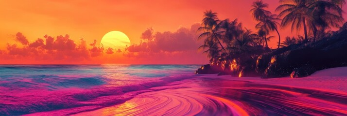 Psychedelic sunset over a tropical beach, with neon waves lapping at colorful, swirling sands and a vivid orange and pink sky