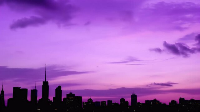 pure lilac pink sky sunrise transitioning soft colors purples reds clouds drifting skyline peaceful city
