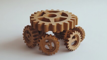 A collaborative team of professionals assembles wooden gears, forming a network connection and symbolizing teamwork and unity in a business setting. 