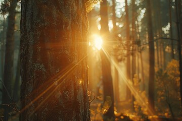 Fototapeta premium Golden sunlight through evergreen forest promoting environmental conservation.