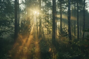 Golden sunlight through evergreen forest  promoting environmental conservation.