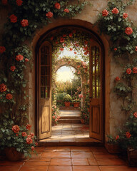 Open doors revealing a beautiful garden with blooming roses in a sunny atmosphere 