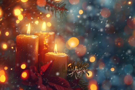 three candle lights at the edge of blurred festive background  decorative golden shiny candle lights