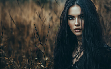 Beautiful mysterious young woman with long black hair.  Room for text 