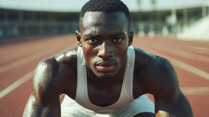 Sweaty Self-confident man runner Training Outdoors on stadium, tired runner, man on run for fitness exercise and marathon training cardio health workout.
