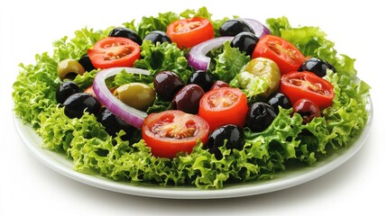Fresh Mediterranean Salad with Tomatoes, Olives, and Onions on a Bed of Crisp Lettuce