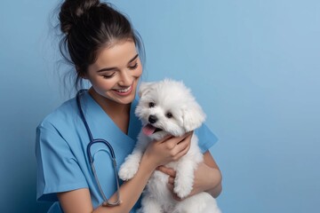 A compassionate and dedicated veterinarian caring for adorable puppies, ensuring their health and happiness through proper treatment and love for all pets, especially our furry little friends