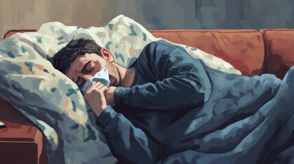 Fototapeta premium A man with a cold or flu lies sick on the couch, sneezing into a tissue under a blanket. 