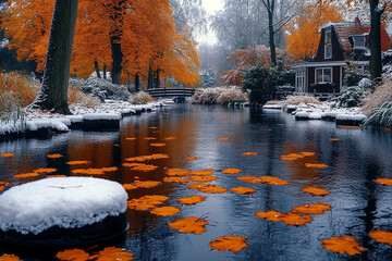 beautiful landscape of autumn turning into winter