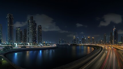 Fototapeta premium Dubai's city center shines at night, with towering skyscrapers and a busy highway. It's the heart of the UAE's business and financial district.