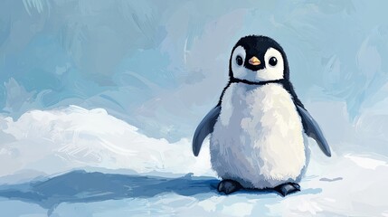 Adorable Antarctic Penguin Chick Standing on Snowy Surface with a Soft Blue Background Perfect for Children's Books, Nature Themes, and Wildlife Conservation Promotions