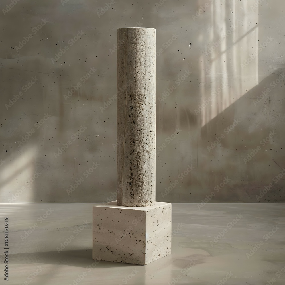 Poster 3d rendering of a marble pedestal with shadow on a beige wall