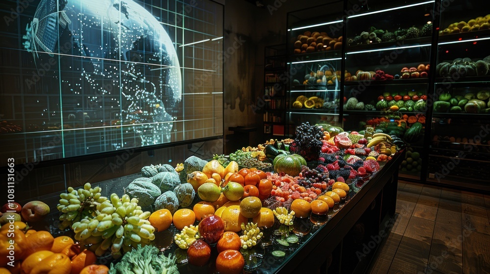 Aufkleber a table filled with fresh fruits in a futuristic grocery store with a large digital display depictin