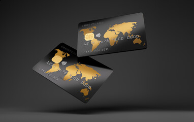 Black glossy credit cards mock up, dark black background, 3D Illustration