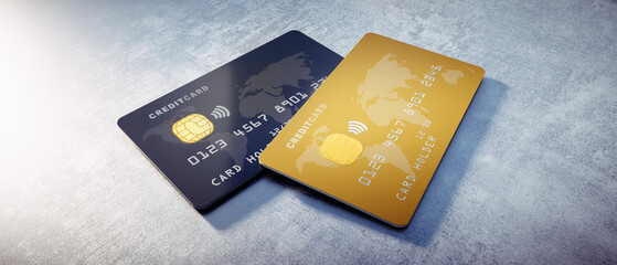 Black and golden glossy credit cards mock up with chip , light stone background, 3D Illustration