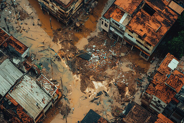 Bird's eye view of flood impact in brazilian city, widespread water damage visible.