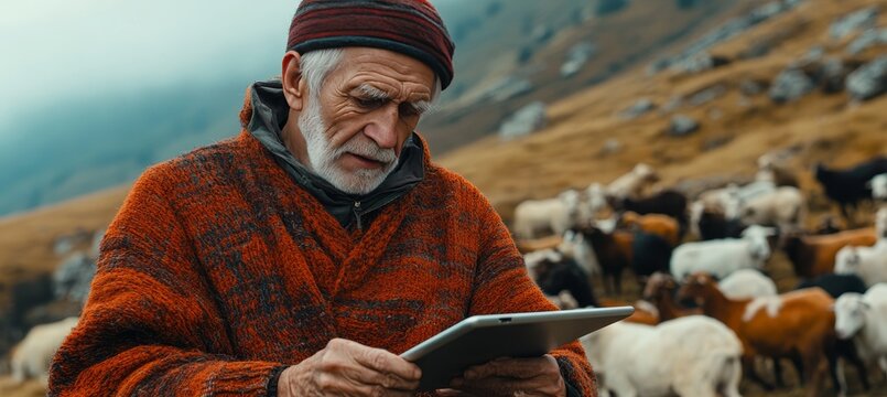 Elderly Shepherd Using Tablet, Modern Farming, Tradition Meets Technology, Livestock Management