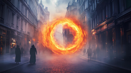 A fiery portal amidst a misty street scene, evoking mystery and adventure. Enigma. Illustration