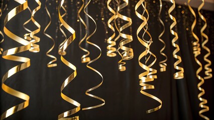    Cascades of gold streamers and curling ribbons against a dark background.  