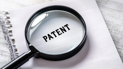 Magnifying glass over a notebook with text "patent"