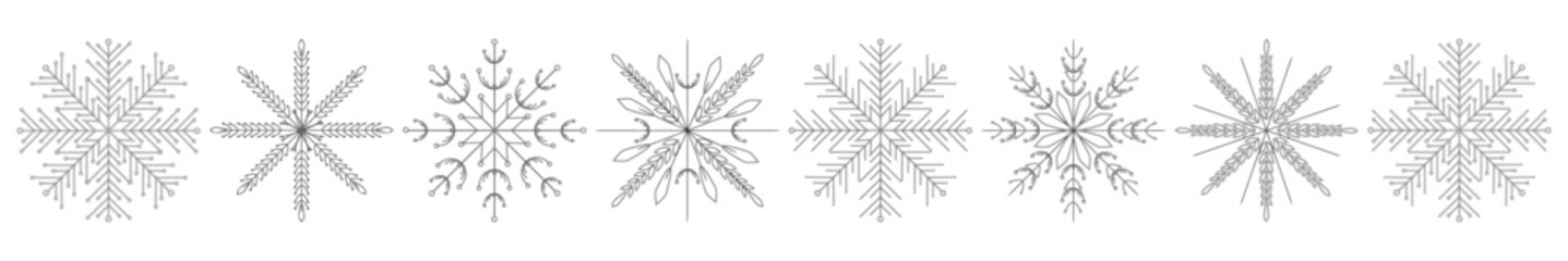 Snowflakes set icons. Flake crystal silhouette collection. Happy new year, xmas, christmas. Snow, holiday, cold weather, frost. Winter design elements.