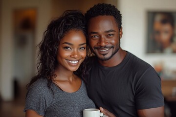 Fototapeta premium A close-up shot of a happy African American couple in love looking at the camera with a gentle smile on their faces. Their eyes are filled with warmth and love,