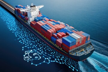 Fototapeta premium Cargo Vessel in a Canal with Digital Freight Management System