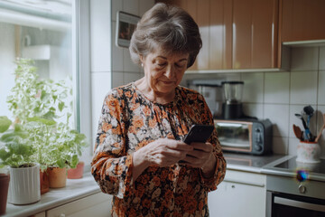 An elderly woman enjoys a quiet morning, scrolling through her phone in a cozy kitchen setting