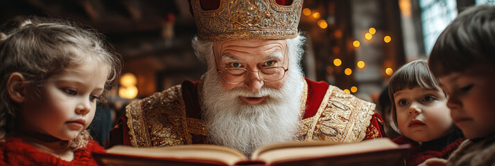 A festive elder with a traditional bishop's attire reads to children in a warm, dimly lit setting, capturing a Christmas storytelling moment.