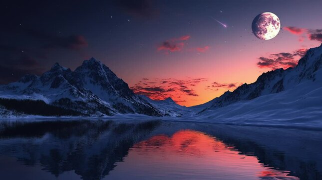 Quiet lake by mountain silhouettes under starry night sky and glowing distant horizon
Seamless looping 4k time-lapse virtual video animation Generated AI