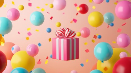 Floating Gift Box with Colorful Balloons and Confetti