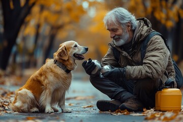 A man is sitting in the yard next to his dog, enjoying the peace and the moment in the fresh air.