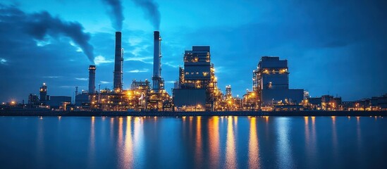 Industrial complex at night with smoke stacks and water reflection.