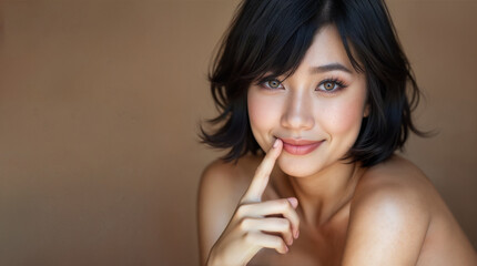 A cute Asian American with a finger to her lips and a smile on her face looking directly at the camera. Closed mouth. Short black hair. A happy expression. Bare shoulders.
