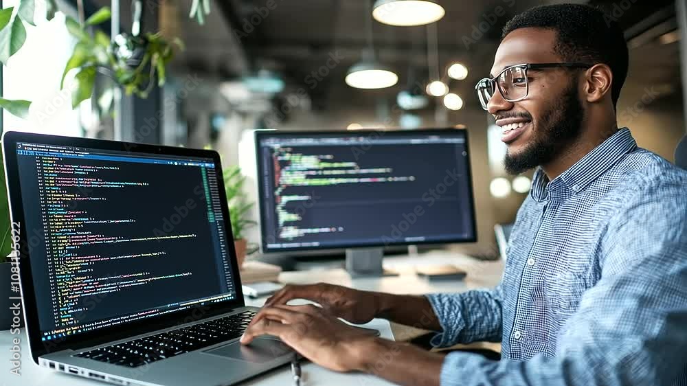 Poster male programmer working in office with laptop and focused expression