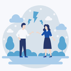 Two people are arguing in a park. One of them is wearing a blue skirt. The sky is cloudy and the atmosphere is tense