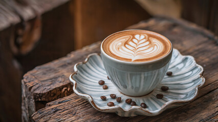 Artisan Latte in Handcrafted Ceramic Cup with Leaf Latte Art on Wooden Table