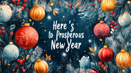 A business New Year&rsquo;s greeting card template with minimalist office icons, holiday lights, and "Here&rsquo;s to a Prosperous New Year" message