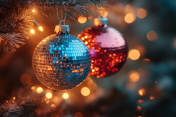 Obraz premium Christmas tree decorated with colorful disco balls, lights and snowflakes 