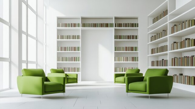 Modern Library with Green Armchairs and White Bookshelves
