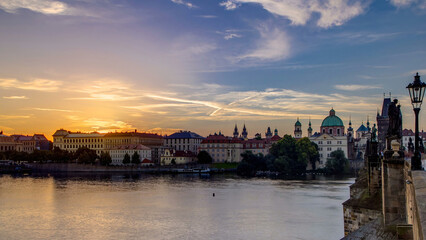 View from Charles Bridge in Prague during the sunrise timelapse, Bohemia, Czech Republic.