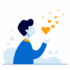 A man is holding a heart and surrounded by many other hearts. Concept of love and affection