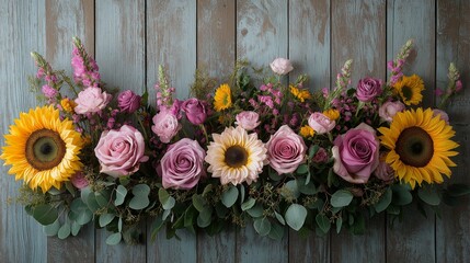 Fototapeta premium Colorful floral arrangement with sunflowers and roses