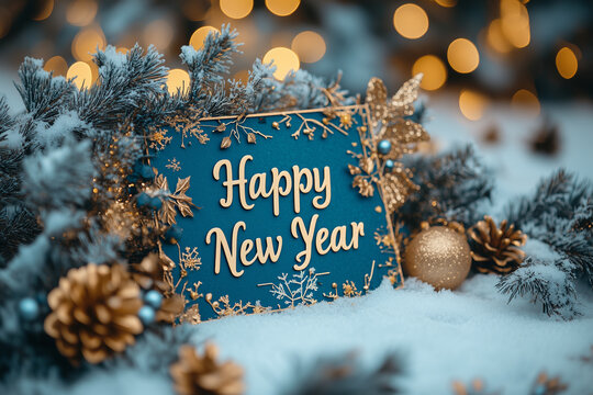 A corporate greeting card image with elegant "Happy New Year 2025" text over a snowy winter scene and company logo in the corner
