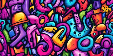 Vibrant graffiti mural filled with colorful shapes and abstract designs