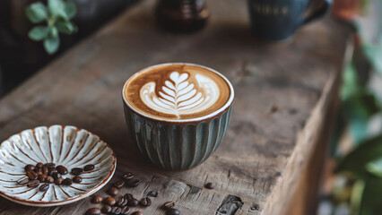 Latte with Leaf Art in Elegant Ribbed Ceramic Cup and Coffee Beans on Rustic Wooden Table