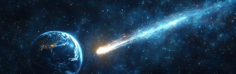 Obraz premium Comet passing planet Earth in outer space, cosmic scene for sci-fi visuals