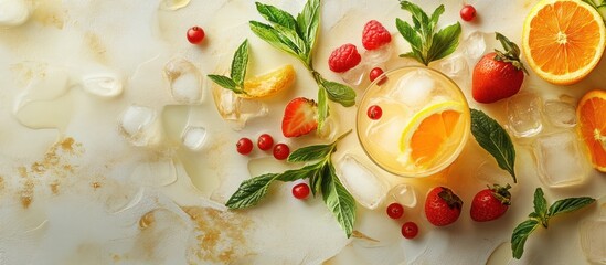 A refreshing summer beverage with orange slices, ice cubes, mint leaves, and red berries.