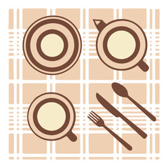Brown vector flat illustration of a cup, kettle, plate and a spoon for hot tea or coffee on a checkered napkin
